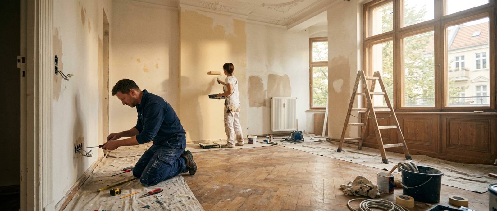 Handwerker bei Renovierungsarbeiten in einer Berliner Wohnung